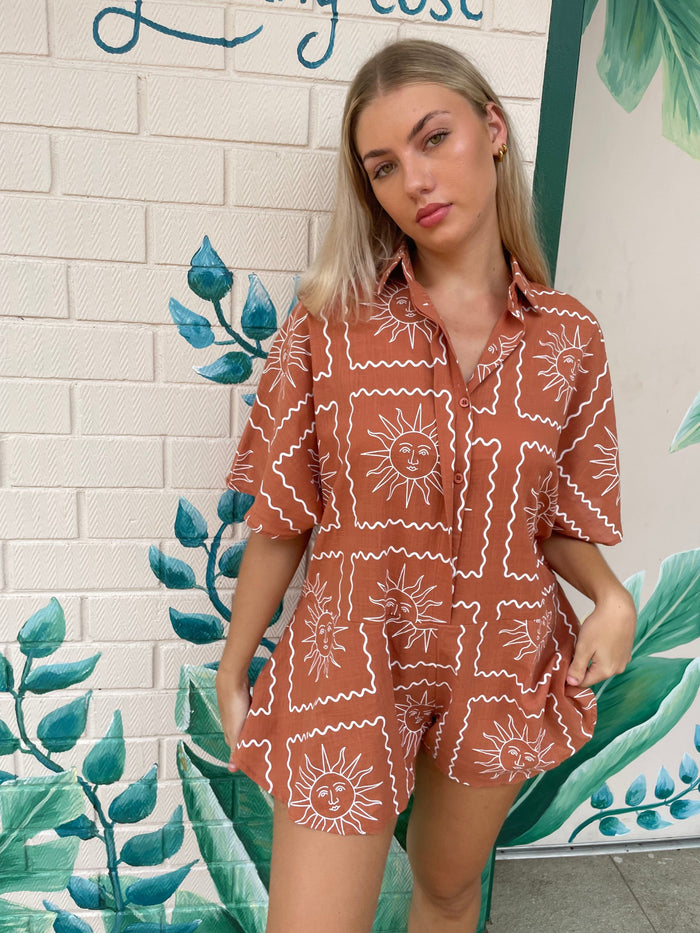 Sun Boarder Linen Playsuit - Rust/White - By Frankie - Splash Swimwear  - By Frankie, Jumpsuits & Playsuits, Mar24, new arrivals, new clothing, new women, women clothing - Splash Swimwear 