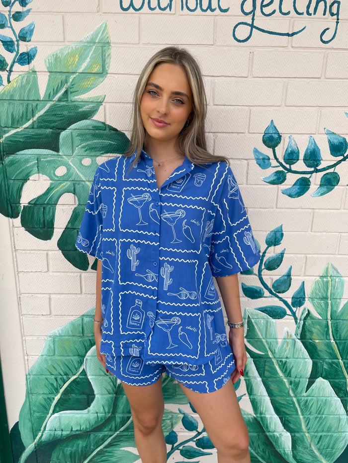 Cactus Tequila Linen Shirt - Blue/White - By Frankie - Splash Swimwear  - Beach Shirt, By Frankie, Mar24, shirt, women shirt, Womens, womens clothing, womens top - Splash Swimwear 