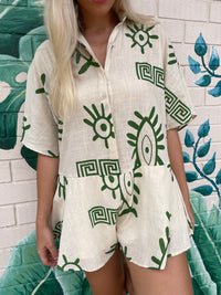 Aztec Eye Linen Playsuit - Beige/Green - By Frankie - Splash Swimwear  - By Frankie, Mar24, Playsuits & Jumpsuits, Womens, womens clothing - Splash Swimwear 