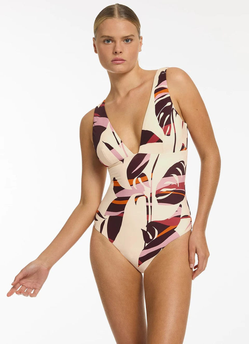 Shadow Palm Plunge One Piece - Port - Jets - Splash Swimwear  - fuller cup, Jets, One Pieces, Sept23, Womens, womens swim - Splash Swimwear 