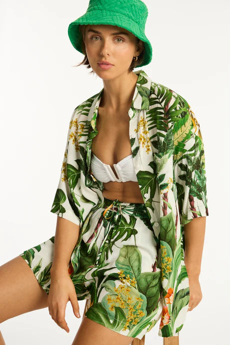 Lotus Aloha Shirt - White - Sea Level - Splash Swimwear  - kaftans & cover ups, May24, sea level, women shirt, Womens, womens clothing - Splash Swimwear 
