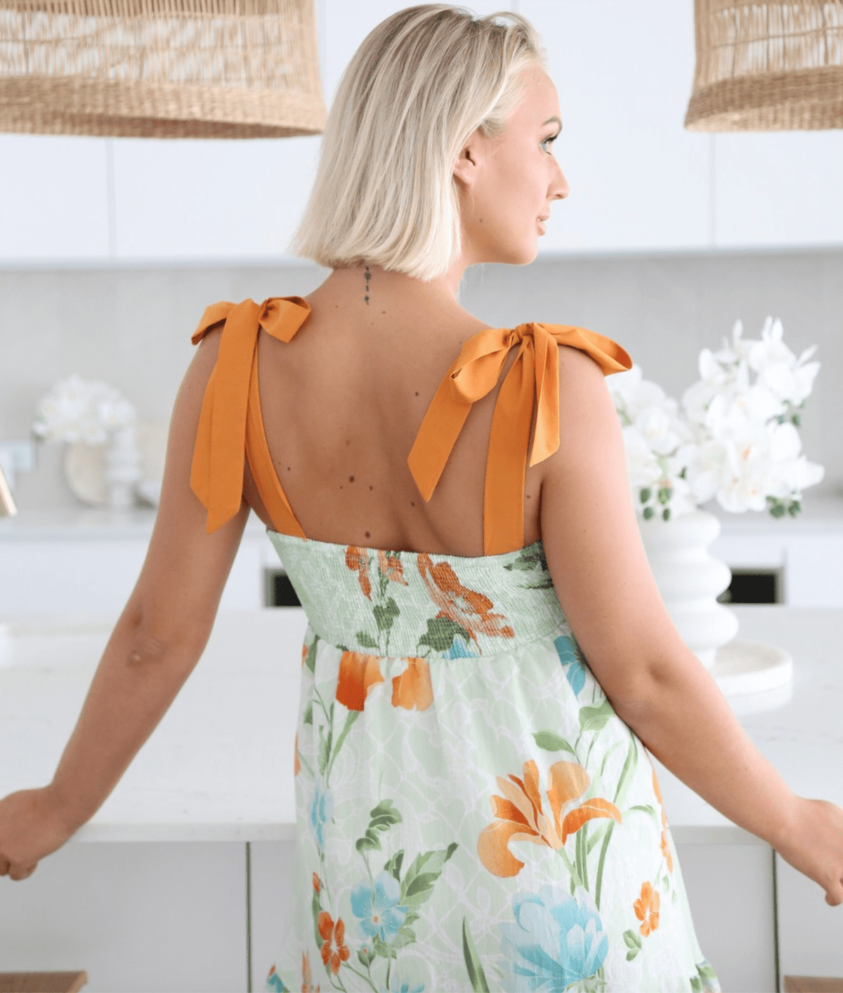 Apricot Flower Tie Strap Mini Dress