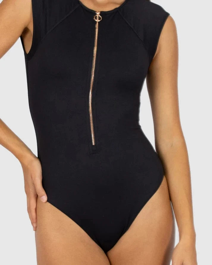 Baku Baku Chloro Resis Cap Sleeve Surf Suit - Black Baku Chloro Resis Cap Sleeve Surf Suit - Black Splash Swimwear One Pieces