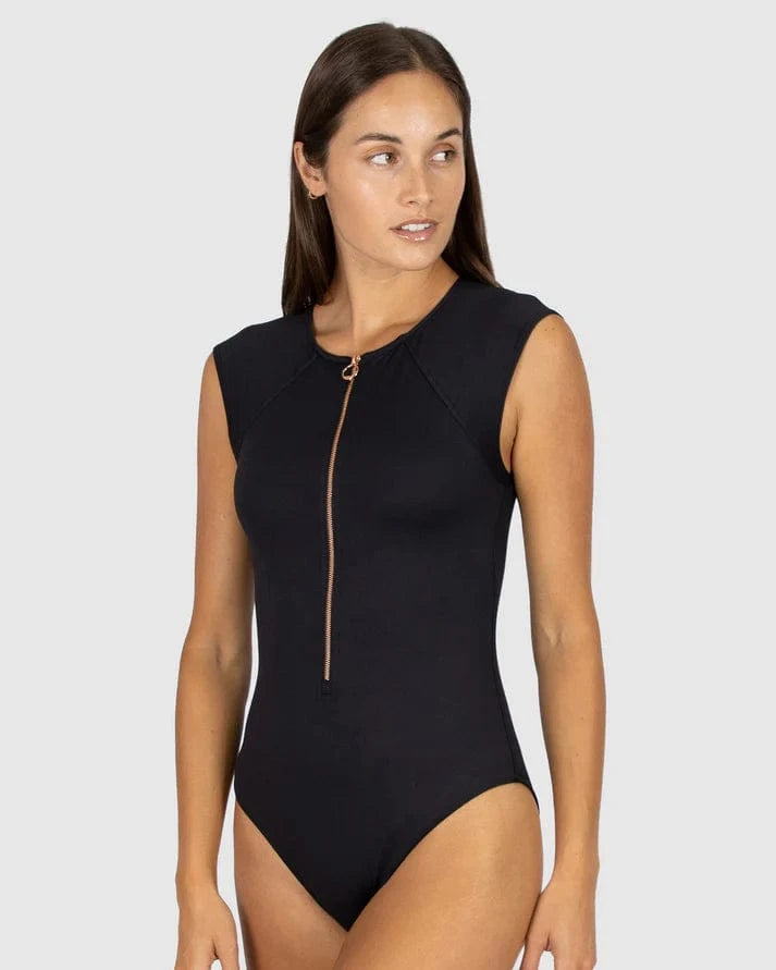 Baku Baku Chloro Resis Cap Sleeve Surf Suit - Black Baku Chloro Resis Cap Sleeve Surf Suit - Black Splash Swimwear One Pieces