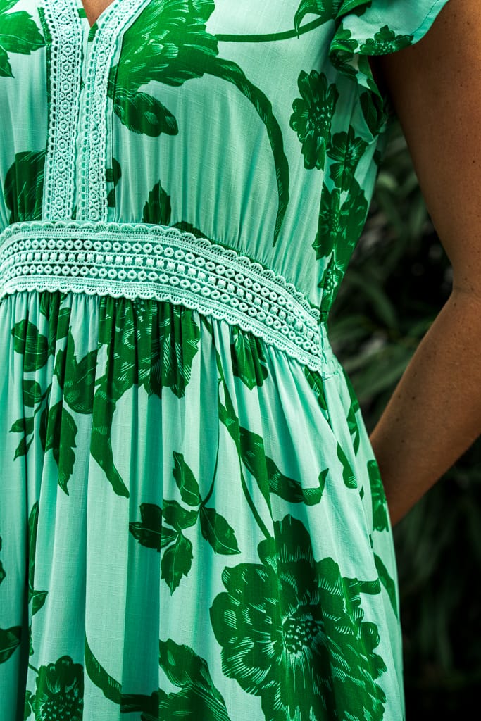 Boho Australia Boho Australia Emaan Midi Dress - Green Floral Boho Australia Emaan Midi Dress - Green Floral Splash Swimwear Dresses