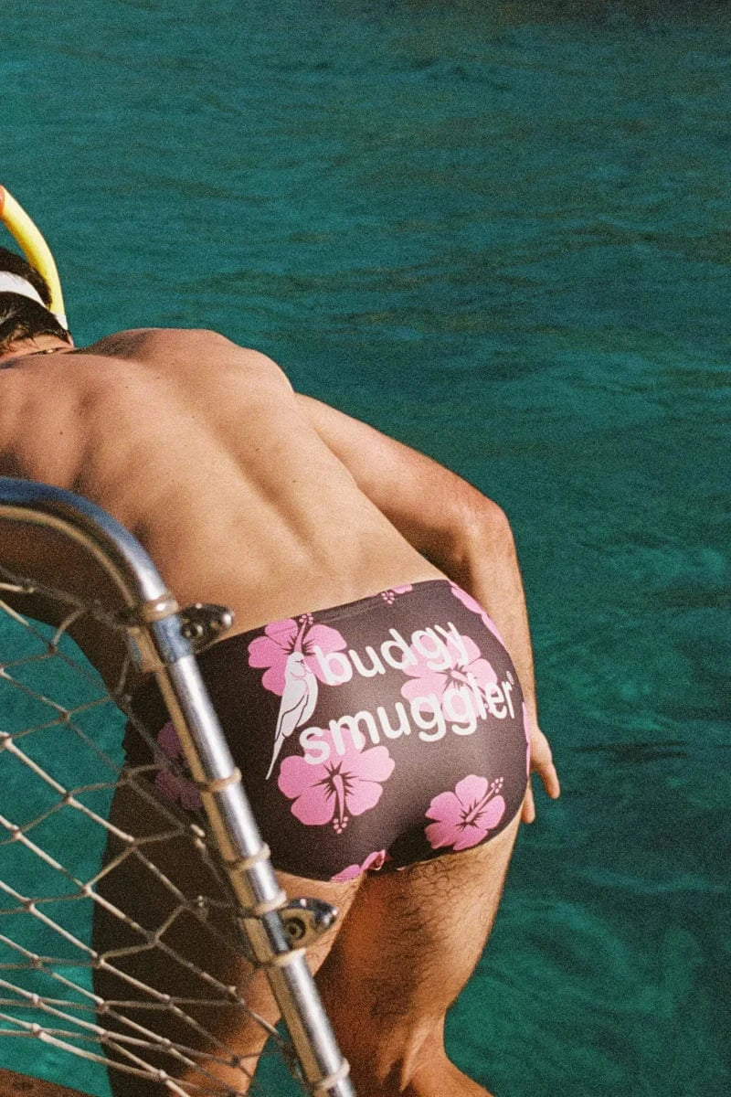 Budgy Smuggler Brown and Pink Hibiscus Brown and Pink Hibiscus Splash Swimwear