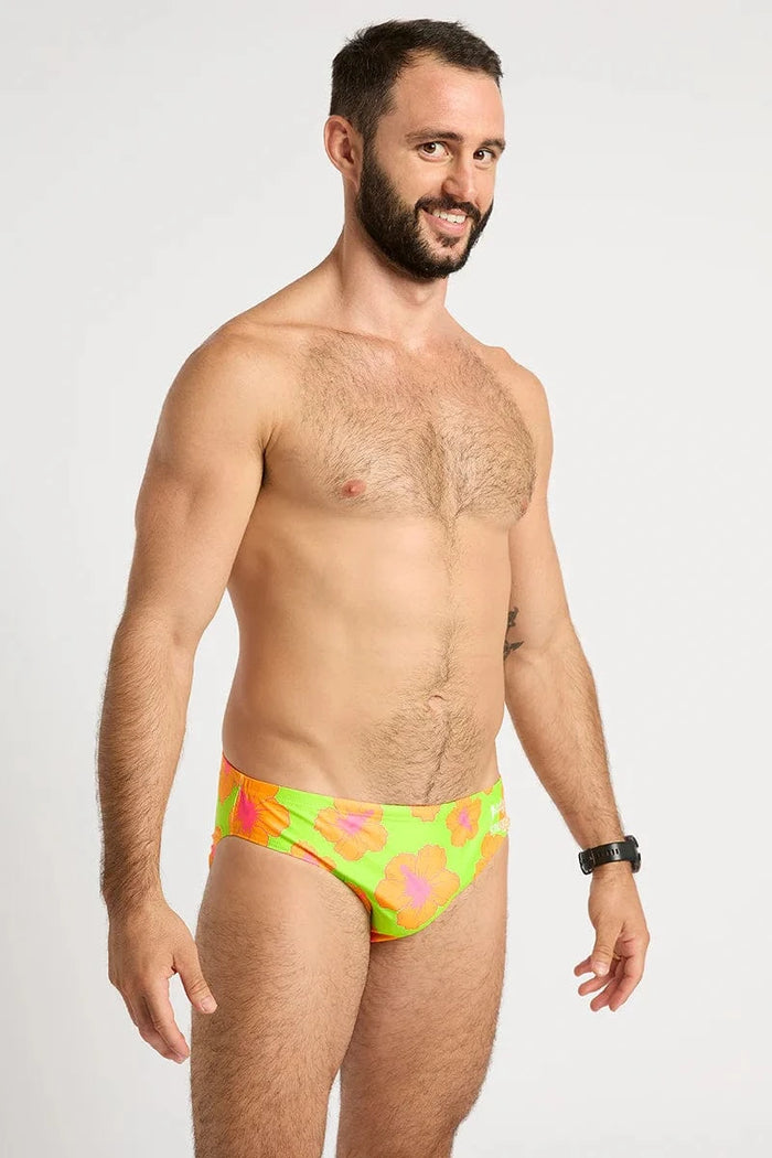 Budgy Smuggler Orange and Green Hibiscus Orange and Green Hibiscus Splash Swimwear