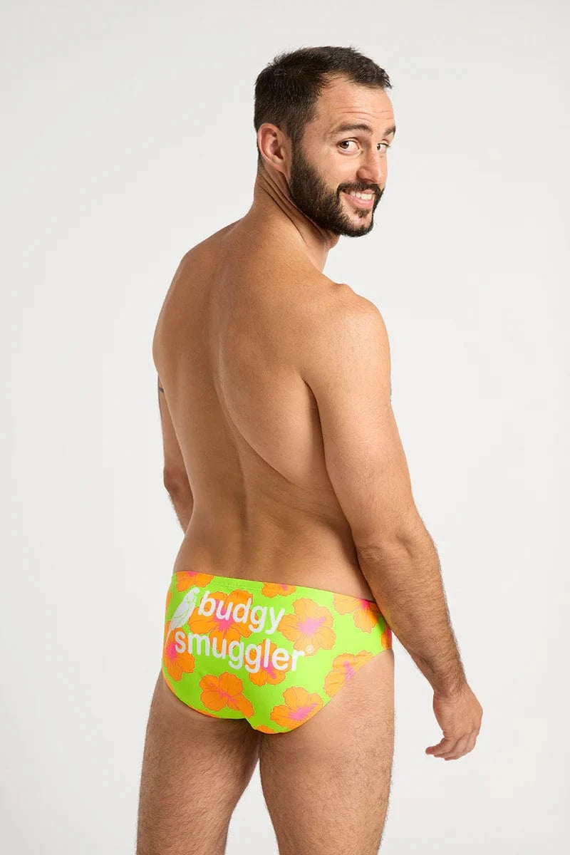 Budgy Smuggler Orange and Green Hibiscus Orange and Green Hibiscus Splash Swimwear