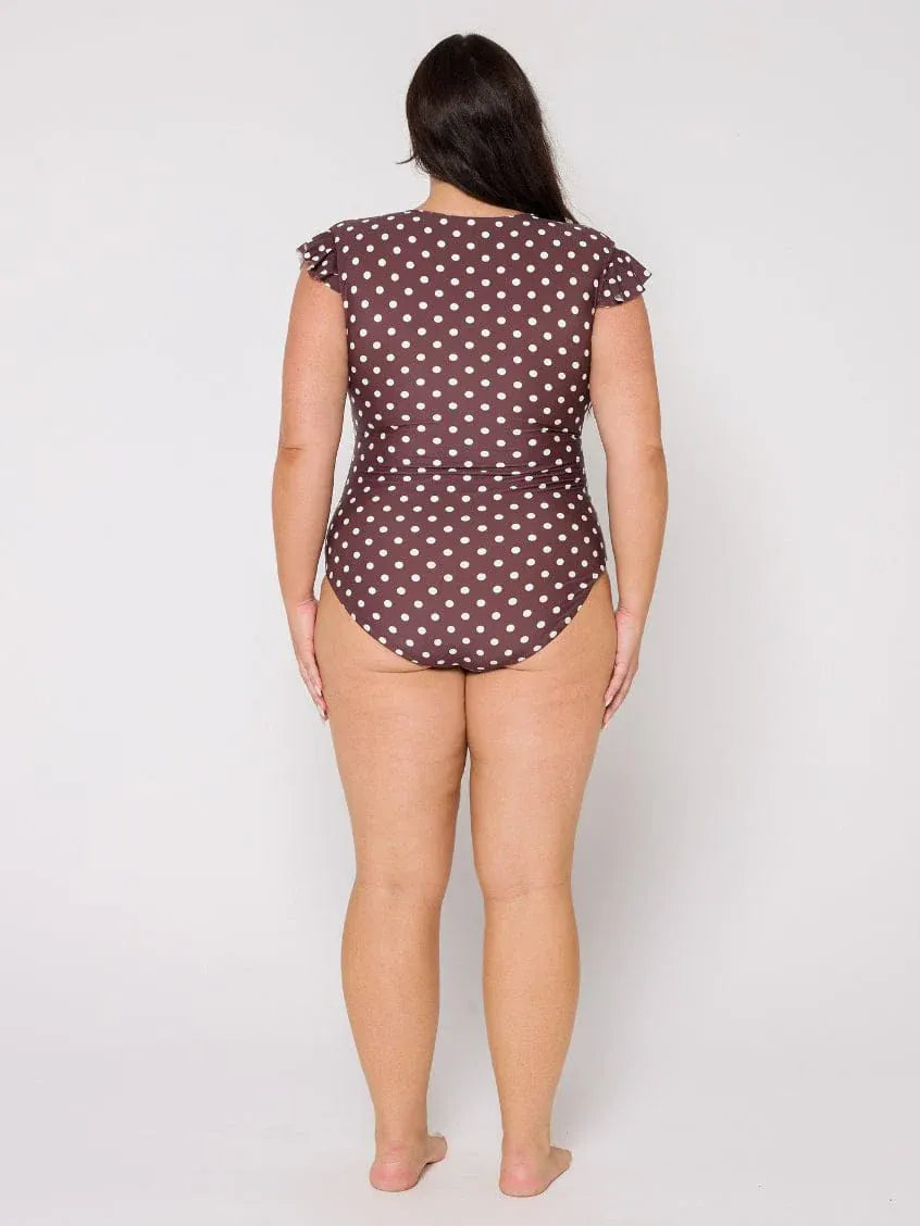 Capriosca Capriosca Chocolate Polka Dot Frill Sleeve One Piece Capriosca Chocolate Polka Dot Frill Sleeve One Piece Splash Swimwear One Pieces