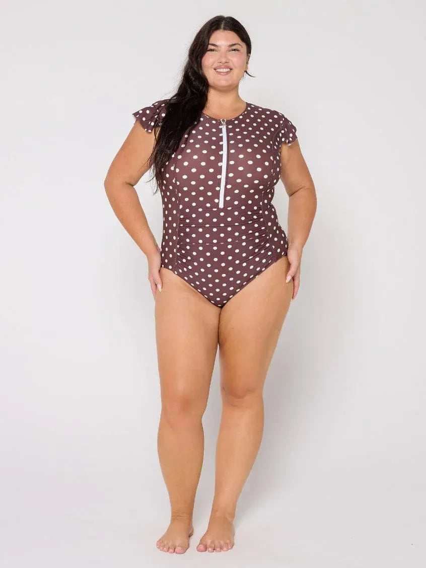 Capriosca Capriosca Chocolate Polka Dot Frill Sleeve One Piece Capriosca Chocolate Polka Dot Frill Sleeve One Piece Splash Swimwear One Pieces