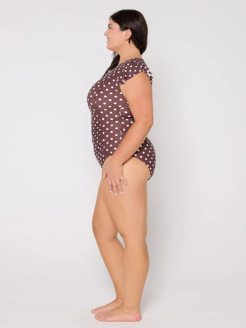 Capriosca Capriosca Chocolate Polka Dot Frill Sleeve One Piece Capriosca Chocolate Polka Dot Frill Sleeve One Piece Splash Swimwear One Pieces
