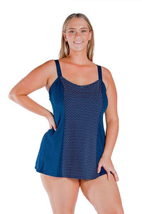 Capriosca Navy Dots Wide Strap Swim Dress - Chlorine Resist* Splash Swimwear Swim Dress, Tankini & One Piece