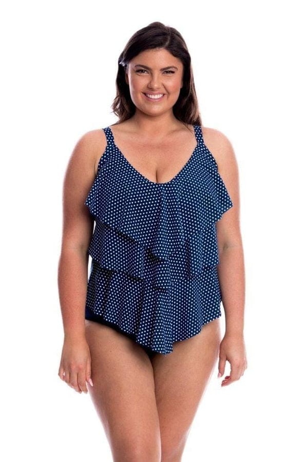 Capriosca Navy White Dots 3 Tier Tankini Top - Chlorine Resist Splash Swimwear Swim Dress, Tankini & One Piece