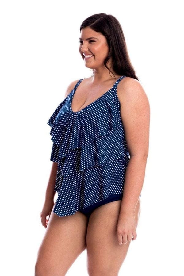 Capriosca Navy White Dots 3 Tier Tankini Top - Chlorine Resist Splash Swimwear Swim Dress, Tankini & One Piece