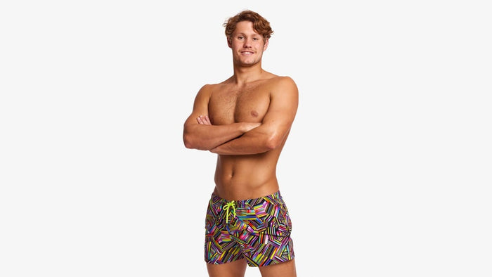 Funky Trunks Men's Shorty Shorts Short - Strip Straps Funky Trunks Mens Classic Trunks - Glow Rider Splash Swimwear Mens Shorts