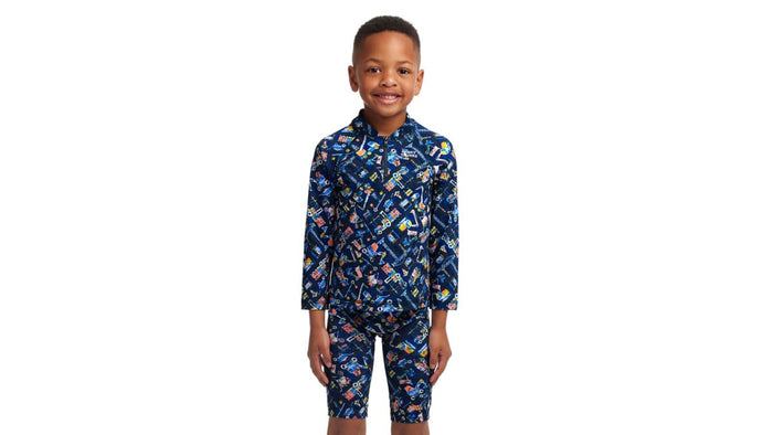 Funky Trunks Toddler Boys Zippy Rash Vest - Can We Build It? Funky Trunks Mens Classic Trunks - Glow Rider Splash Swimwear kids