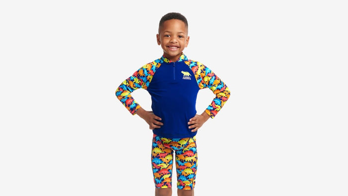 Funky Trunks Toddler Boys Zippy Rash Vest - Swimmasaurus Funky Trunks Mens Classic Trunks - Glow Rider Splash Swimwear kids