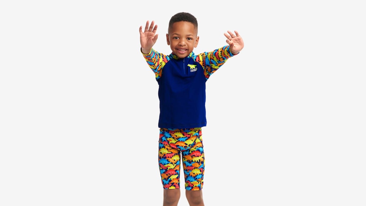 Funky Trunks Toddler Boys Zippy Rash Vest - Swimmasaurus Funky Trunks Mens Classic Trunks - Glow Rider Splash Swimwear kids