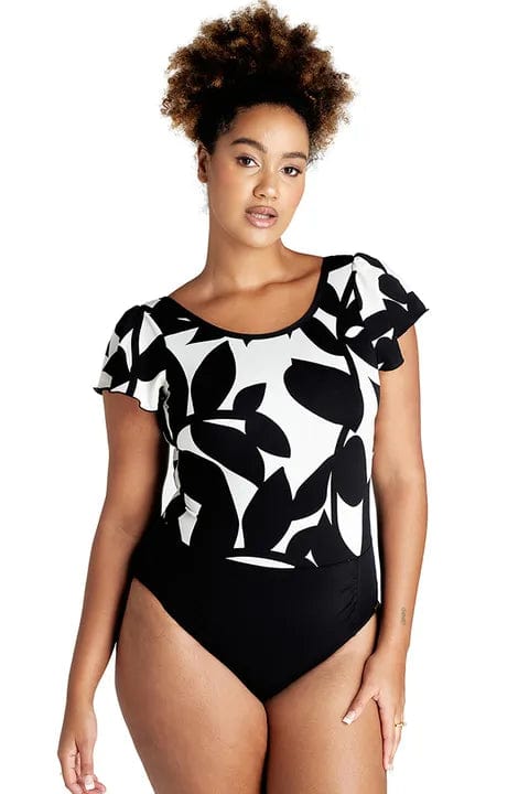 Genevieve Swimwear Frilled Sleeve Scuba Suit Mastectomy Foliage One Piece Splash Swimwear One Pieces