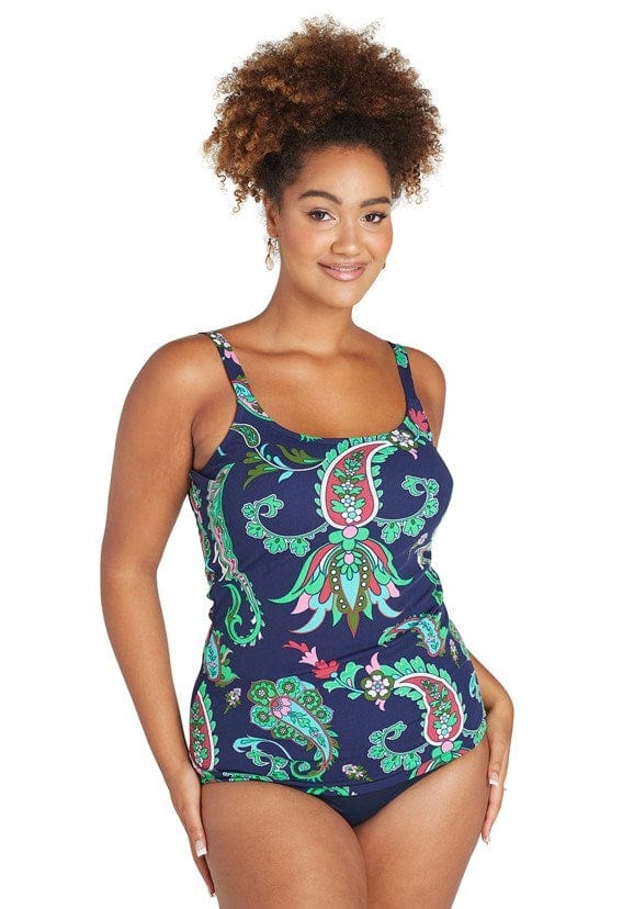 Genevieve Swimwear Paisley Pop Scoop Neck Mastectomy Tankini Splash Swimwear Bikini Bottoms