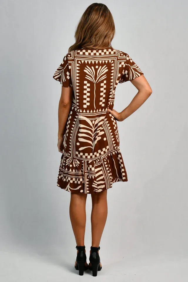 Go Girl Go Girl Cap Sleeve Button Dress - Tribal Artisan Brown Go Girl Cap Sleeve Button Dress - Tribal Artisan Brown Splash Swimwear Dresses
