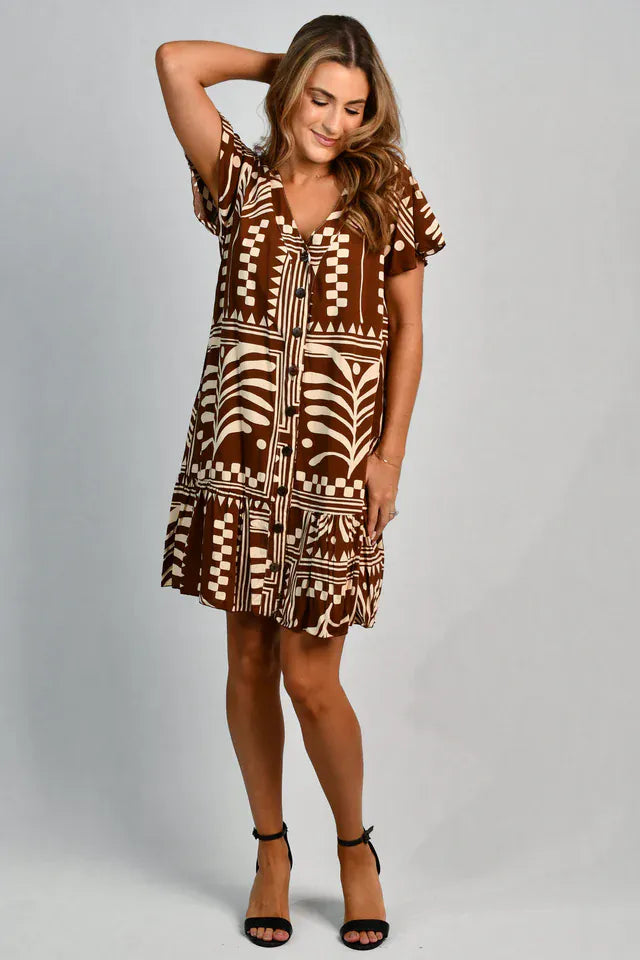 Go Girl Go Girl Cap Sleeve Button Dress - Tribal Artisan Brown Go Girl Cap Sleeve Button Dress - Tribal Artisan Brown Splash Swimwear Dresses