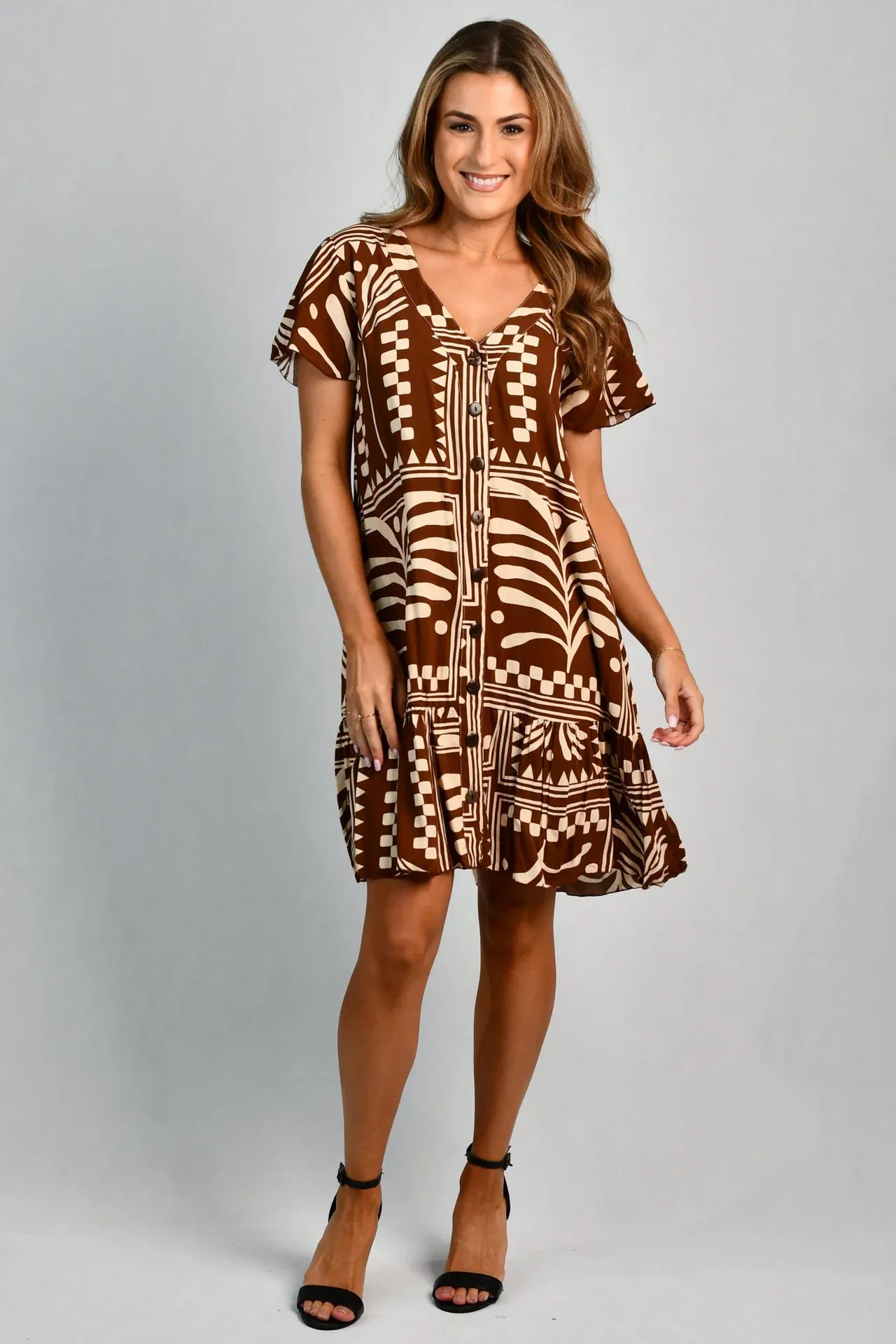 Go Girl Go Girl Cap Sleeve Button Dress - Tribal Artisan Brown Go Girl Cap Sleeve Button Dress - Tribal Artisan Brown Splash Swimwear Dresses