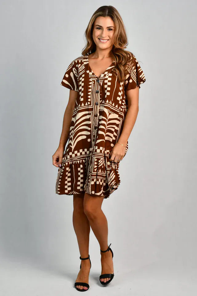 Go Girl Go Girl Cap Sleeve Button Dress - Tribal Artisan Brown Go Girl Cap Sleeve Button Dress - Tribal Artisan Brown Splash Swimwear Dresses