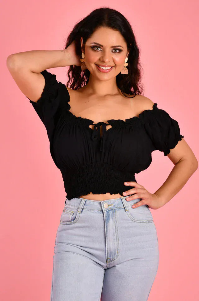 Go Girl Go Girl Peasant Top With Rouched Hem - Black Go Girl Peasant Top With Rouched Hem - Black Splash Swimwear