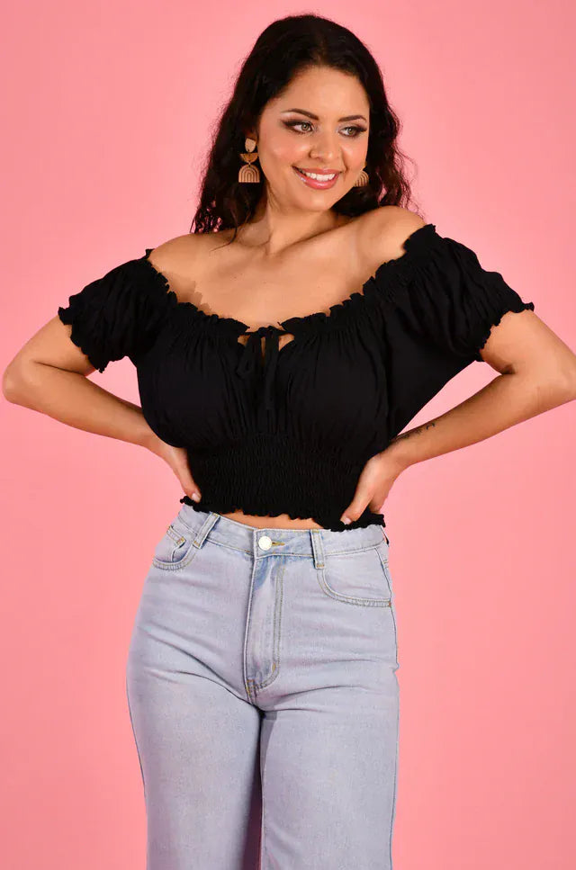 Go Girl Go Girl Peasant Top With Rouched Hem - Black Go Girl Peasant Top With Rouched Hem - Black Splash Swimwear