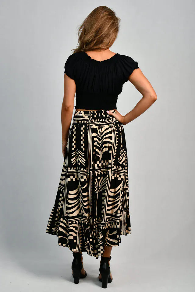 Go Girl Go Girl Rouched Midi Skirt - Tribal Artisan Black VGLK050 Go Girl Rouched Midi Skirt - Tribal Artisan Black Splash Swimwear Skirts One Size (8-14)