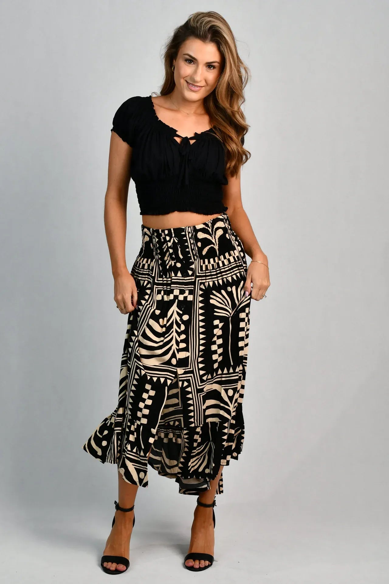 Go Girl Go Girl Rouched Midi Skirt - Tribal Artisan Black VGLK050 Go Girl Rouched Midi Skirt - Tribal Artisan Black Splash Swimwear Skirts One Size (8-14)