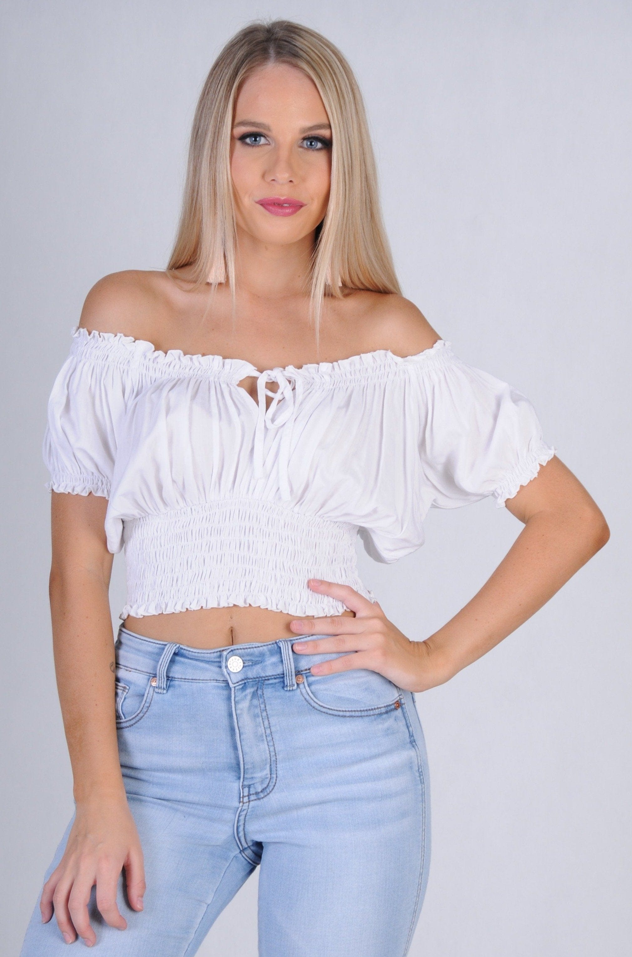 Go Girl Peasant Top With Ruched Hem Splash Swimwear Tops