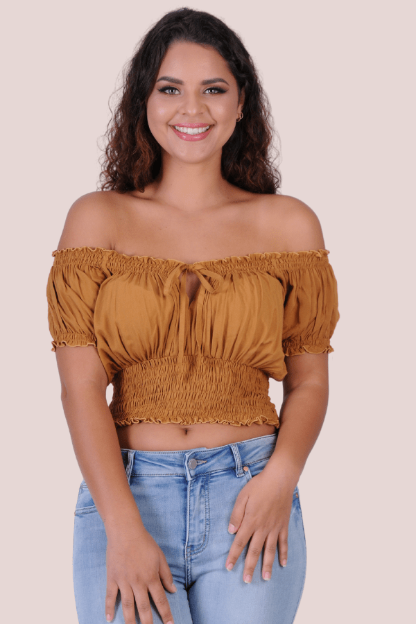Go Girl Peasant Top With Ruched Hem VGLT106 Splash Swimwear Tops Cinnamon / S/M 9343064098073