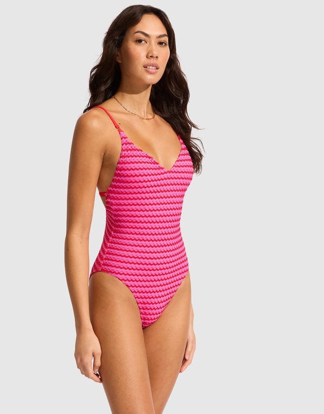 Mesh Effect V-Neck One Piece - Chilli Red - Seafolly - Splash Swimwear  - One Pieces, Seafolly, Sept23, Womens, womens swim - Splash Swimwear 