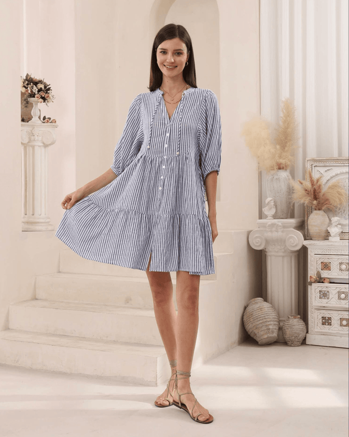 Iris Maxi Cotton Babydoll Dress - Blue Stripe Cotton Babydoll Dress - Blue Stripe Splash Swimwear Womens Clothing