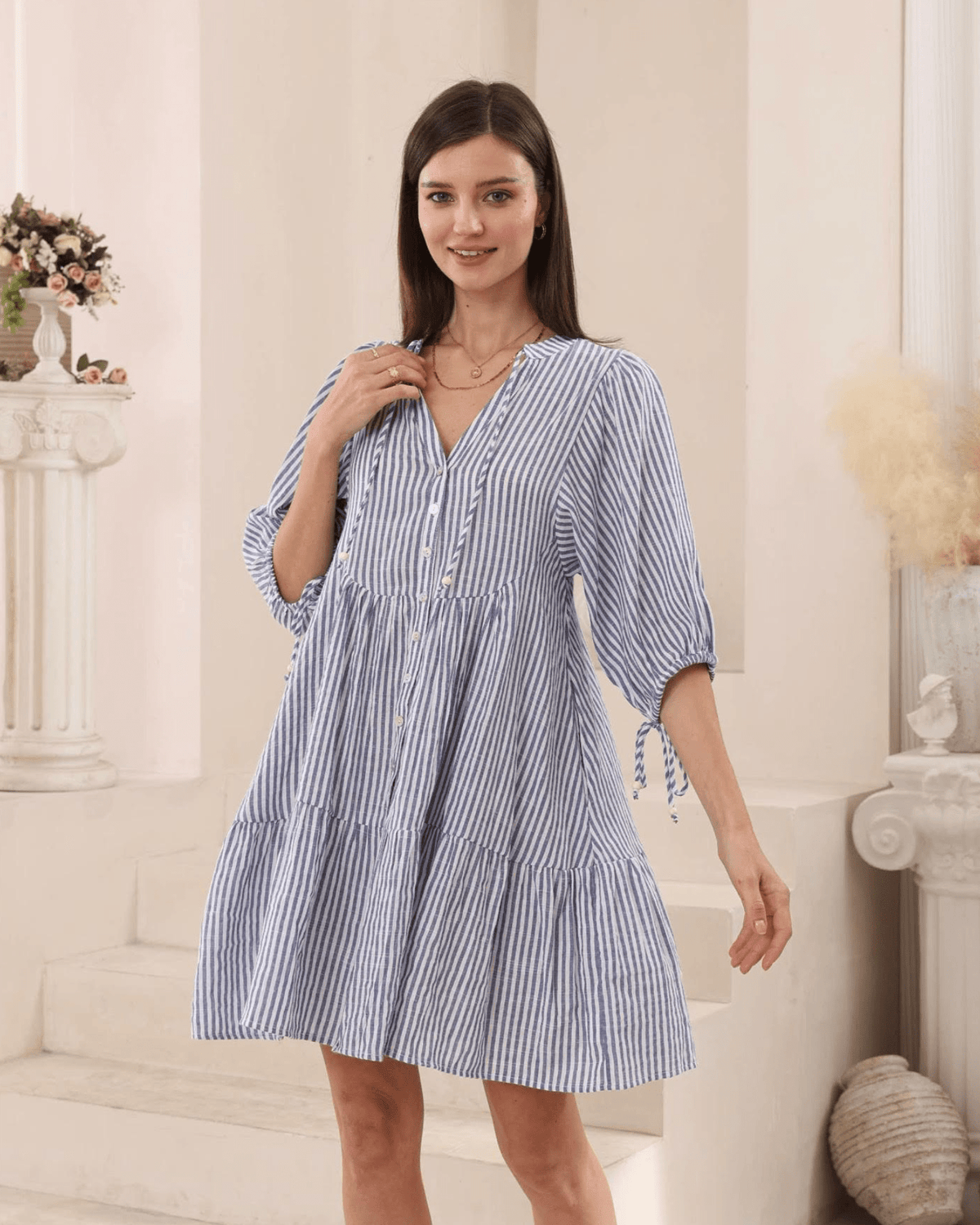 Iris Maxi Cotton Babydoll Dress - Blue Stripe Cotton Babydoll Dress - Blue Stripe Splash Swimwear Womens Clothing