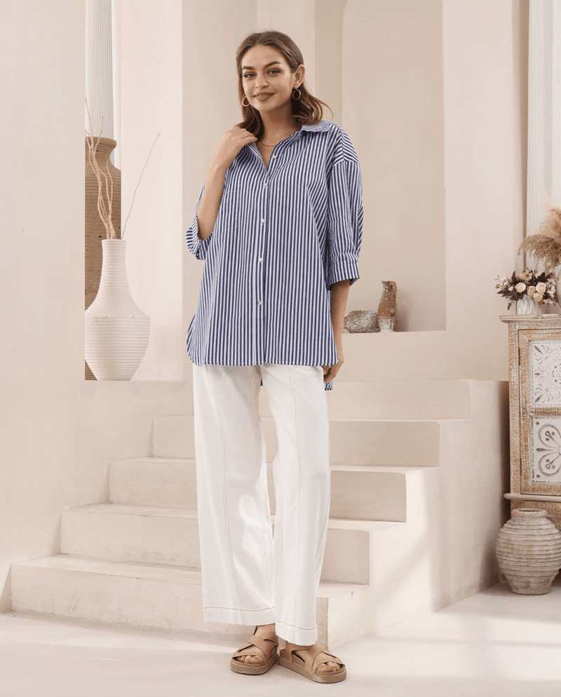 Iris Maxi Cotton Shirt - Blue/ White Stripe Cotton Shirt - Blue/ White Stripe Splash Swimwear