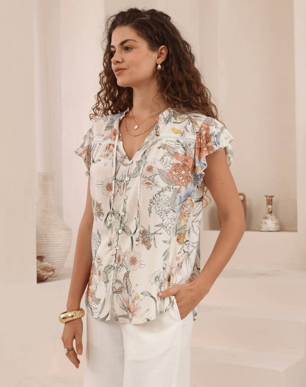 Iris Maxi Iris Maxi Botanical Meadow Top Iris Maxi Wide Leg Pant - Beige/Black Splash Swimwear Tops