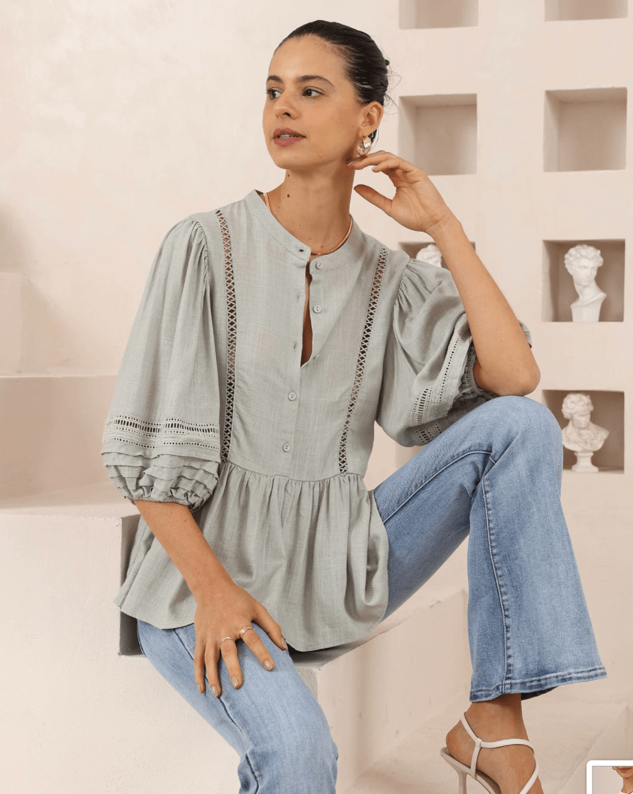 Iris Maxi Iris Maxi Button Front Top w/Frill - Khaki Iris Maxi Wide Leg Pant - Beige/Black Splash Swimwear Tops