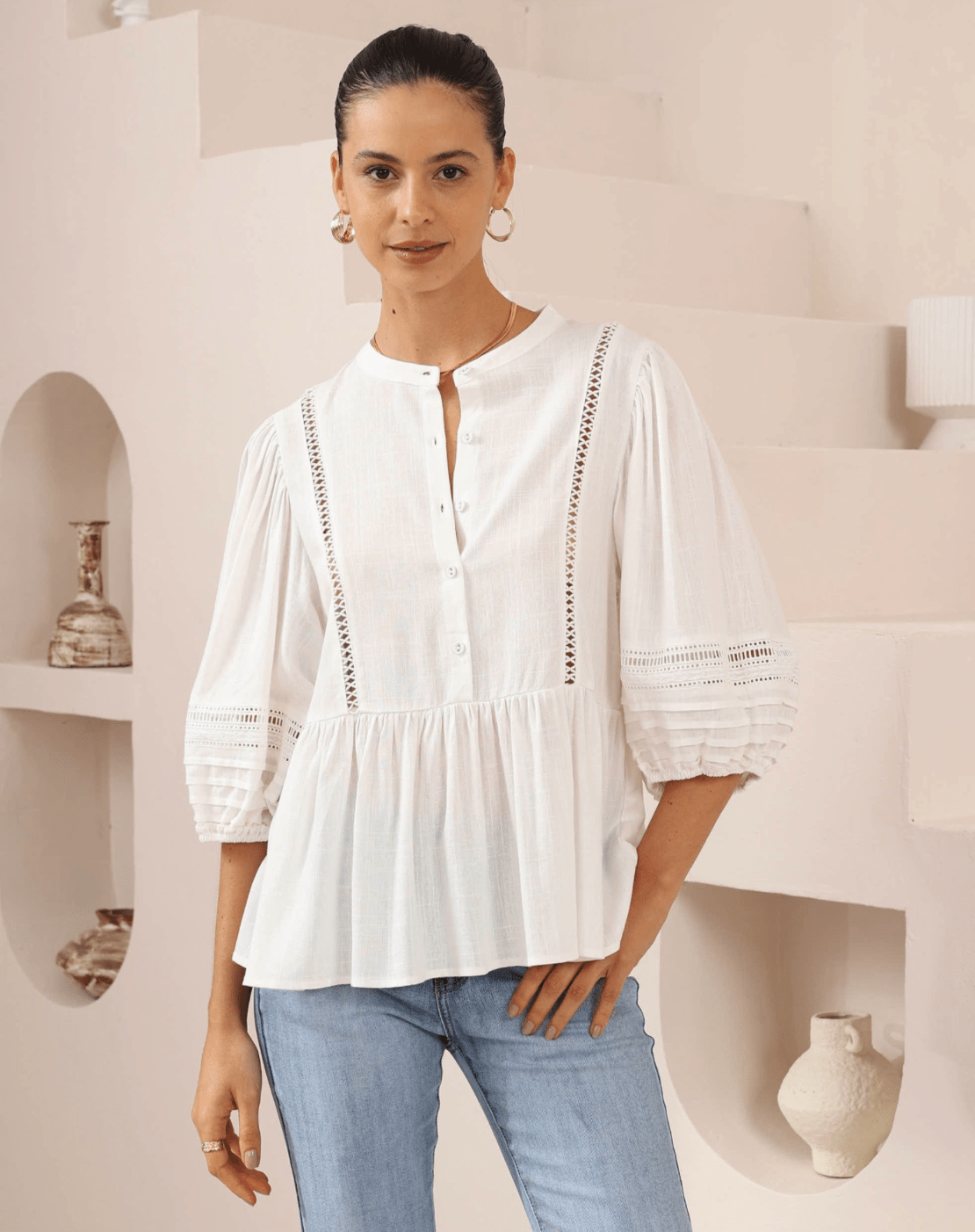 Iris Maxi Iris Maxi Button Front Top w/Frill - White Iris Maxi Wide Leg Pant - Beige/Black Splash Swimwear Tops