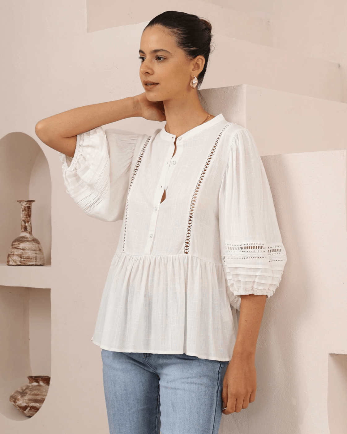 Iris Maxi Iris Maxi Button Front Top w/Frill - White Iris Maxi Wide Leg Pant - Beige/Black Splash Swimwear Tops