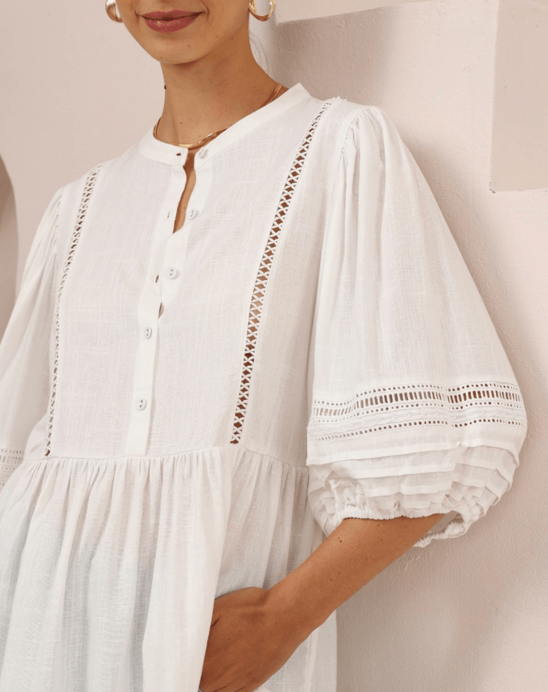 Iris Maxi Iris Maxi Button Front Top w/Frill - White Iris Maxi Wide Leg Pant - Beige/Black Splash Swimwear Tops