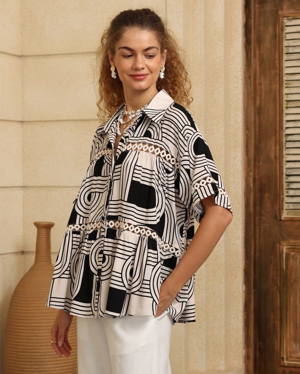 Iris Maxi Iris Maxi Geo Arc Top - Black/White Iris Maxi Wide Leg Pant - Beige/Black Splash Swimwear Tops