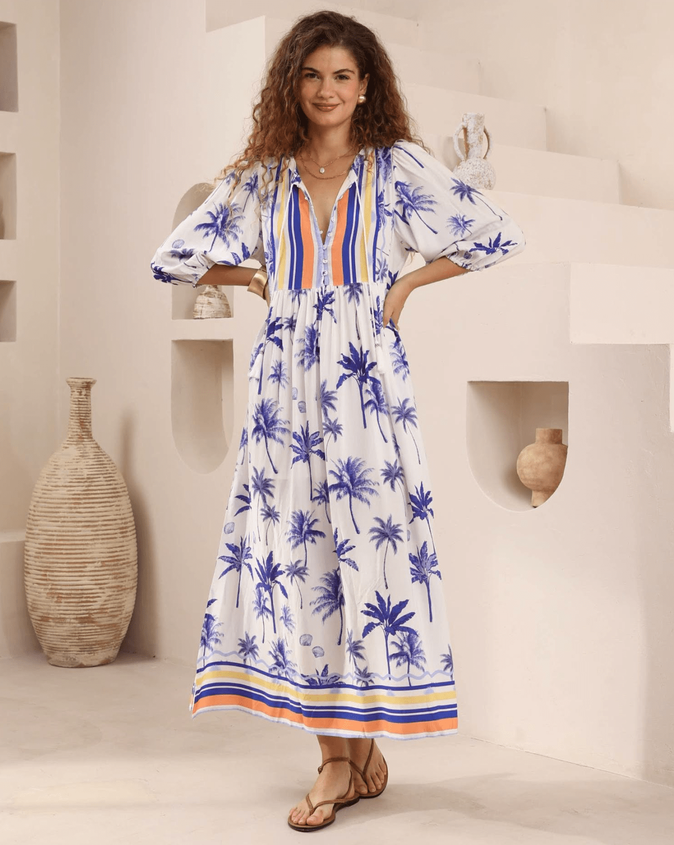 Iris Maxi Iris Maxi Island Palms Sleeved Maxi Dress - White/Blue Iris Maxi Island Palms Sleeved Maxi Dress - White/Blue Splash Swimwear Dresses