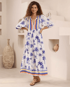 Iris Maxi Iris Maxi Island Palms Sleeved Maxi Dress - White/Blue Iris Maxi Island Palms Sleeved Maxi Dress - White/Blue Splash Swimwear Dresses