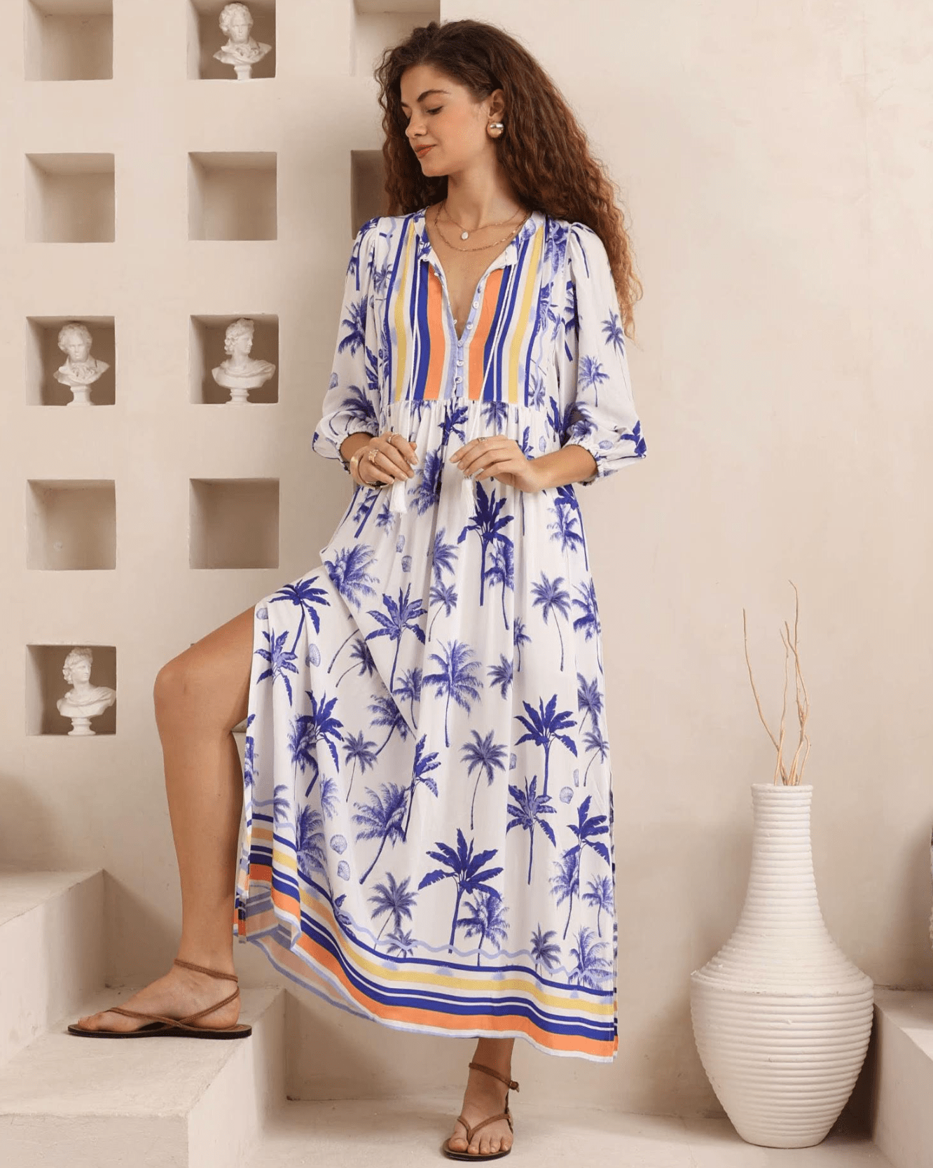 Iris Maxi Iris Maxi Island Palms Sleeved Maxi Dress - White/Blue Iris Maxi Island Palms Sleeved Maxi Dress - White/Blue Splash Swimwear Dresses