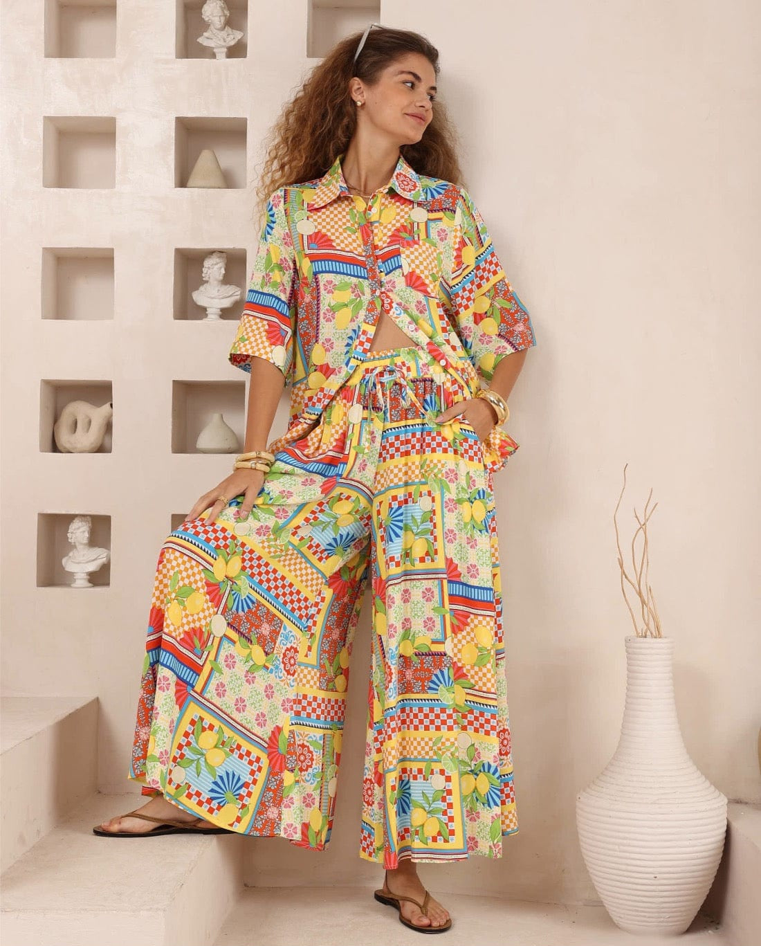 Iris Maxi Iris Maxi Lemon Fiesta Wide Leg Pants Iris Maxi Wide Leg Pant - Beige/Black Splash Swimwear Clothing Pant