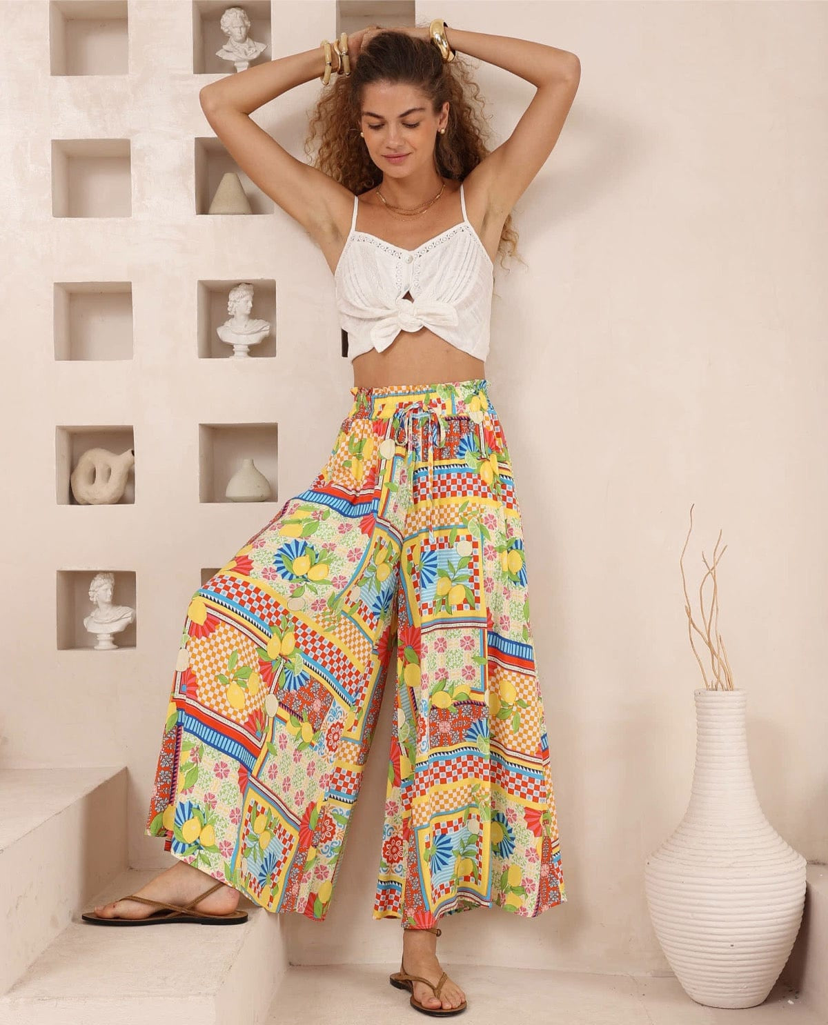 Iris Maxi Iris Maxi Lemon Fiesta Wide Leg Pants Iris Maxi Wide Leg Pant - Beige/Black Splash Swimwear Clothing Pant