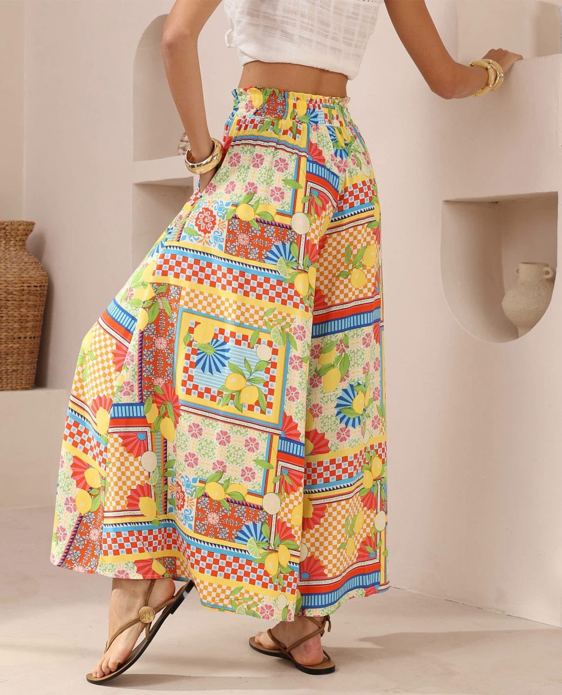 Iris Maxi Iris Maxi Lemon Fiesta Wide Leg Pants Iris Maxi Wide Leg Pant - Beige/Black Splash Swimwear Clothing Pant